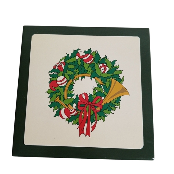 Set of 4 Vintage Christmas Coasters Fox Hunting French Horn in a Wooden Box - Picture 2 of 13